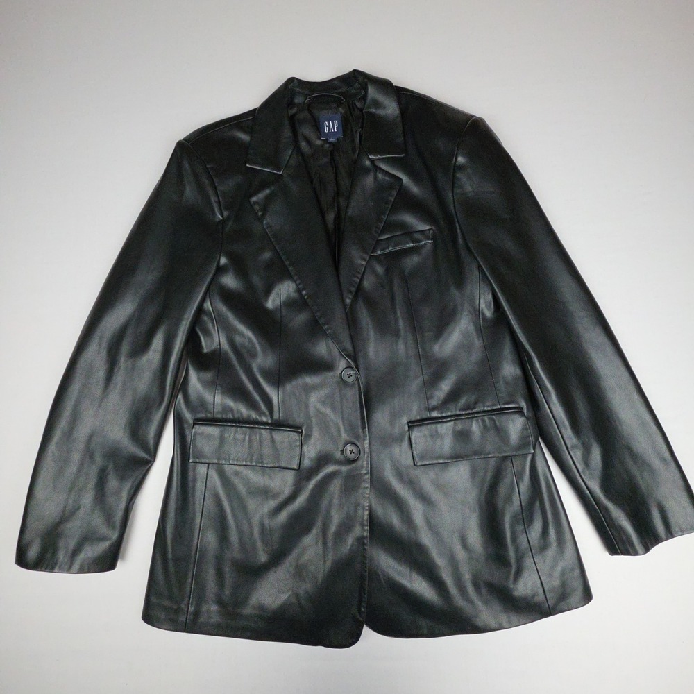 Gap Faux Leather Two Button Blazer Women Size L Black Classic Faux Leather